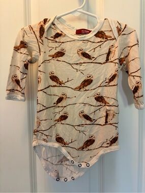 Milkbarn Cream Owl Print Long-Sleeve Baby One-Piece